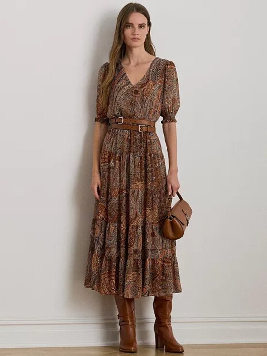 Lauren Ralph Lauren Dresses & Skirts - NWT Lauren Ralph Lauren Brown Paisley Belted Midi Dress Sz 6 Puff Sleeve Tiered